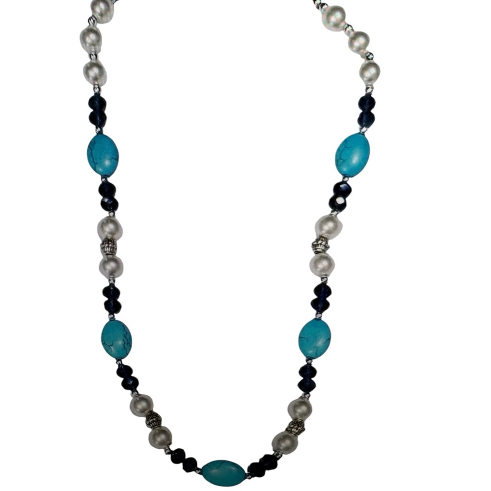 Blue Turquoise / White Pearl / Crystal Vintage Artisan Necklace 10.5" L